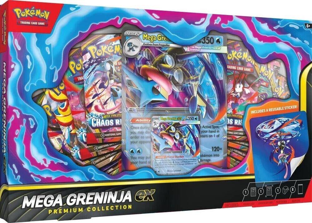 Pokémon TCG Mega Greninja ex Premium Collection with foil promo, lenticular card, sticker, and 8 booster packs — factory sealed