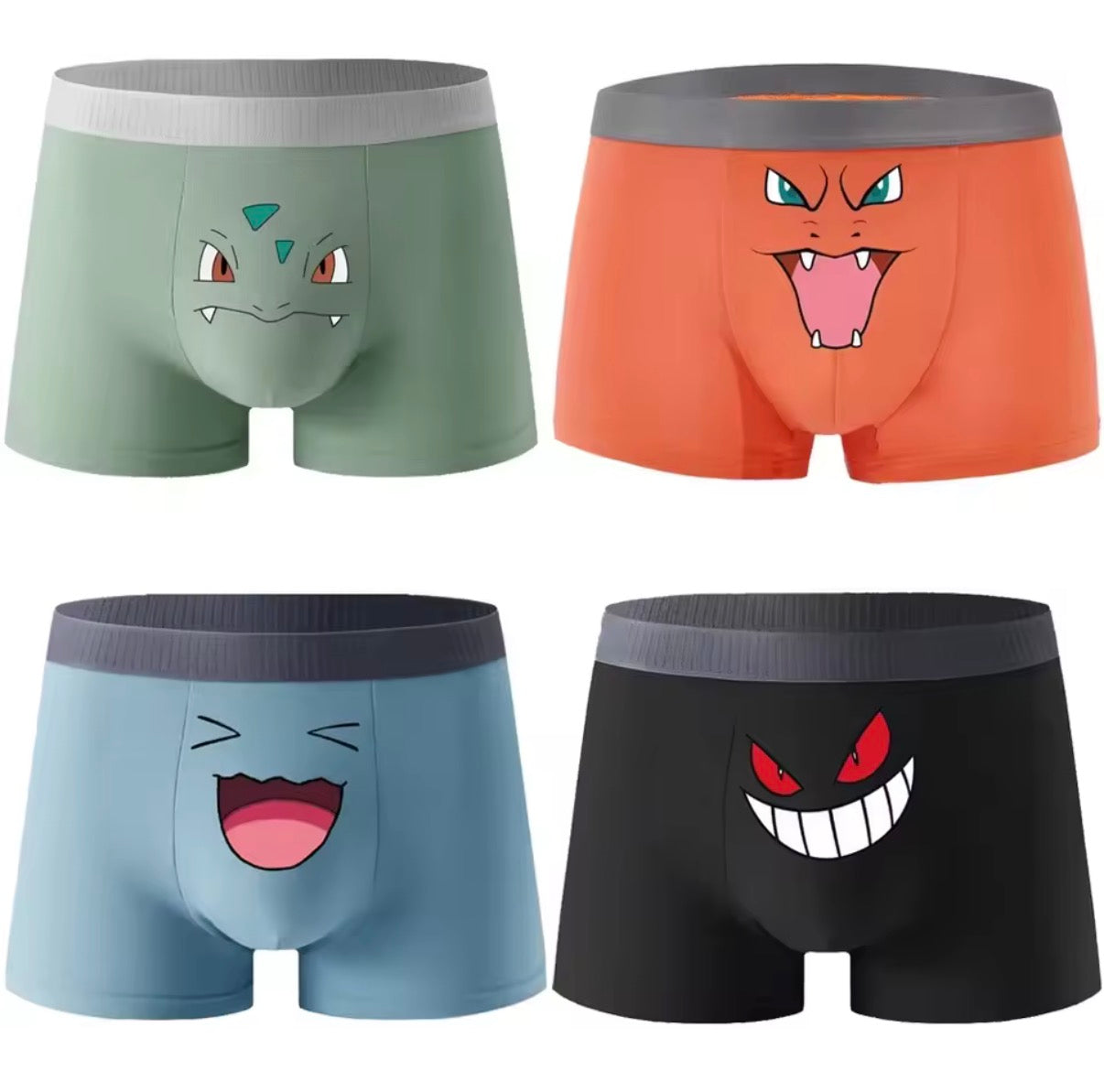 Anime graphic boxer briefs group shot — all 4 Pokemon-style designs