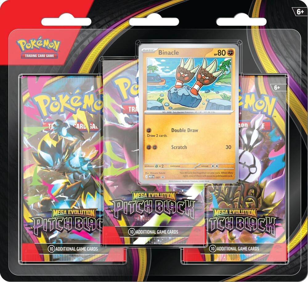 Pokémon TCG Mega Evolution Pitch Black 3-pack blister with Binacle promo card — factory sealed