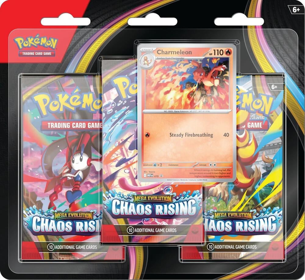 Pokémon TCG Mega Evolution Chaos Rising 3-pack blister with Charmeleon promo card — factory sealed