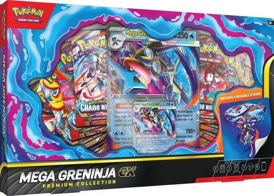 Pokémon TCG Mega Greninja ex Premium Collection with foil promo, lenticular card, sticker, and 8 booster packs — factory sealed