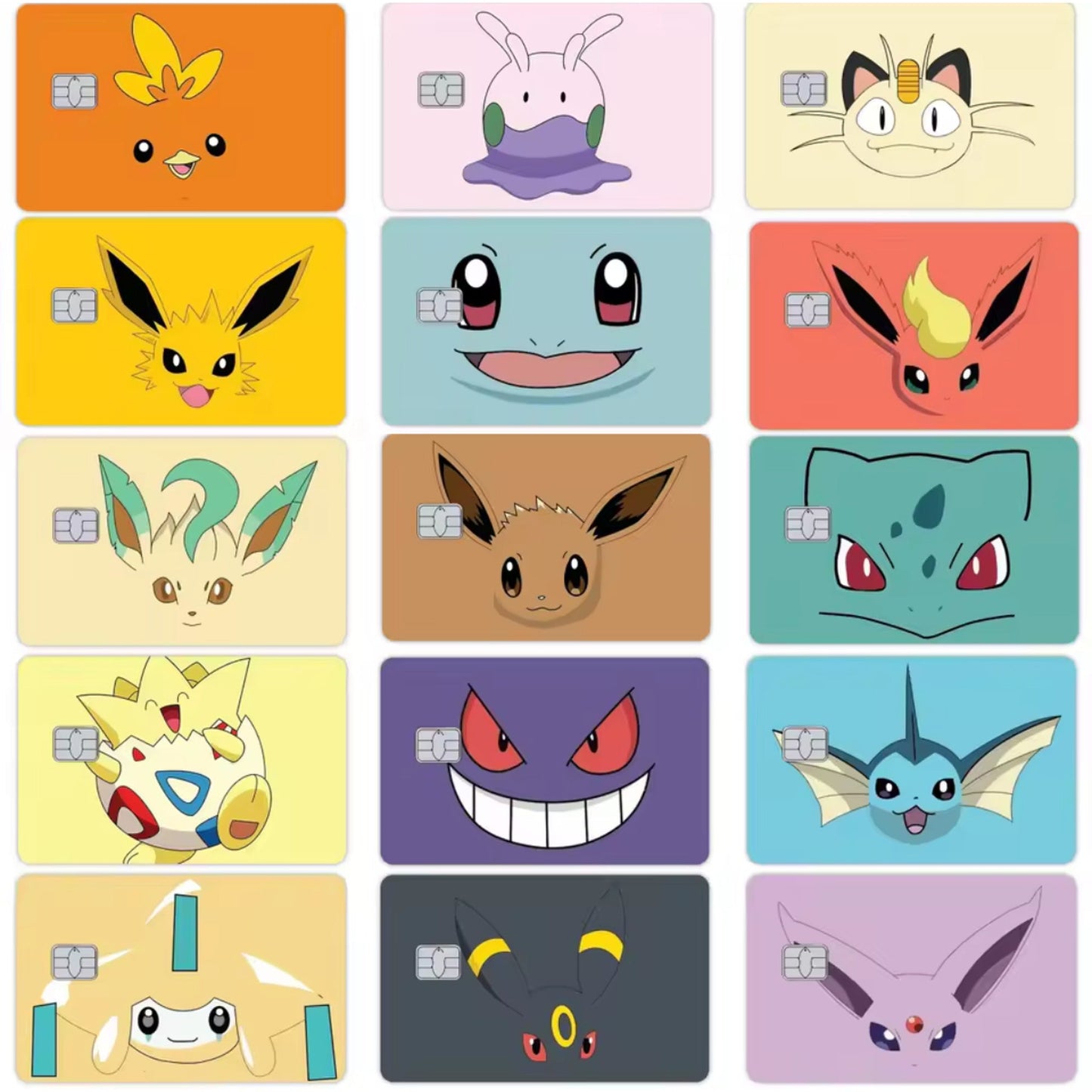 All 7 anime-style card skin designs grid — waterproof matte PVC bank card stickers