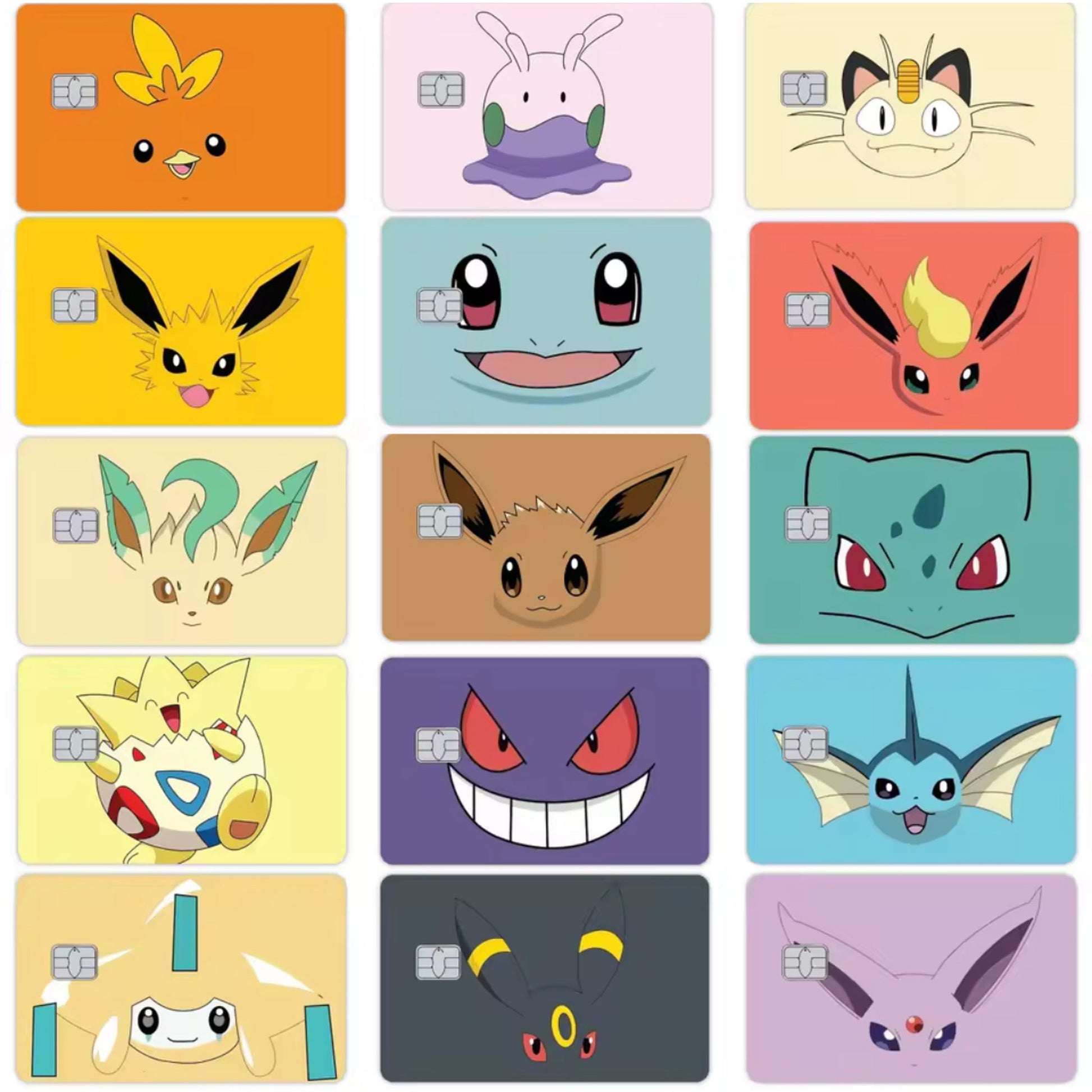 All 7 anime-style card skin designs grid — waterproof matte PVC bank card stickers