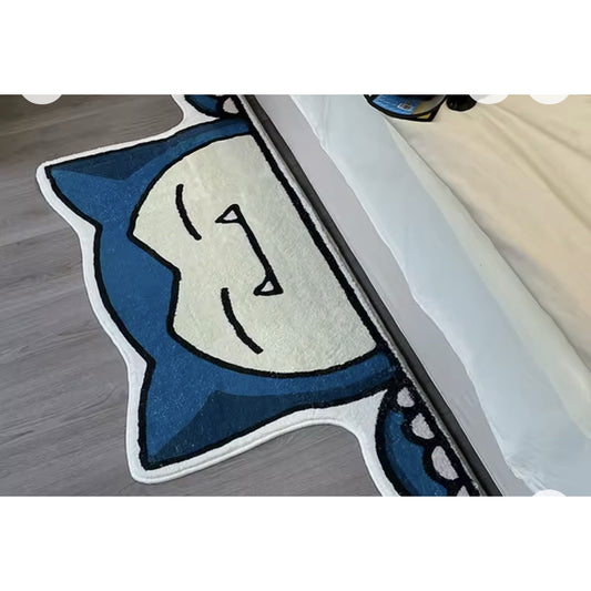 Sleepy anime accent rug — bedroom side view, soft cartoon room decor