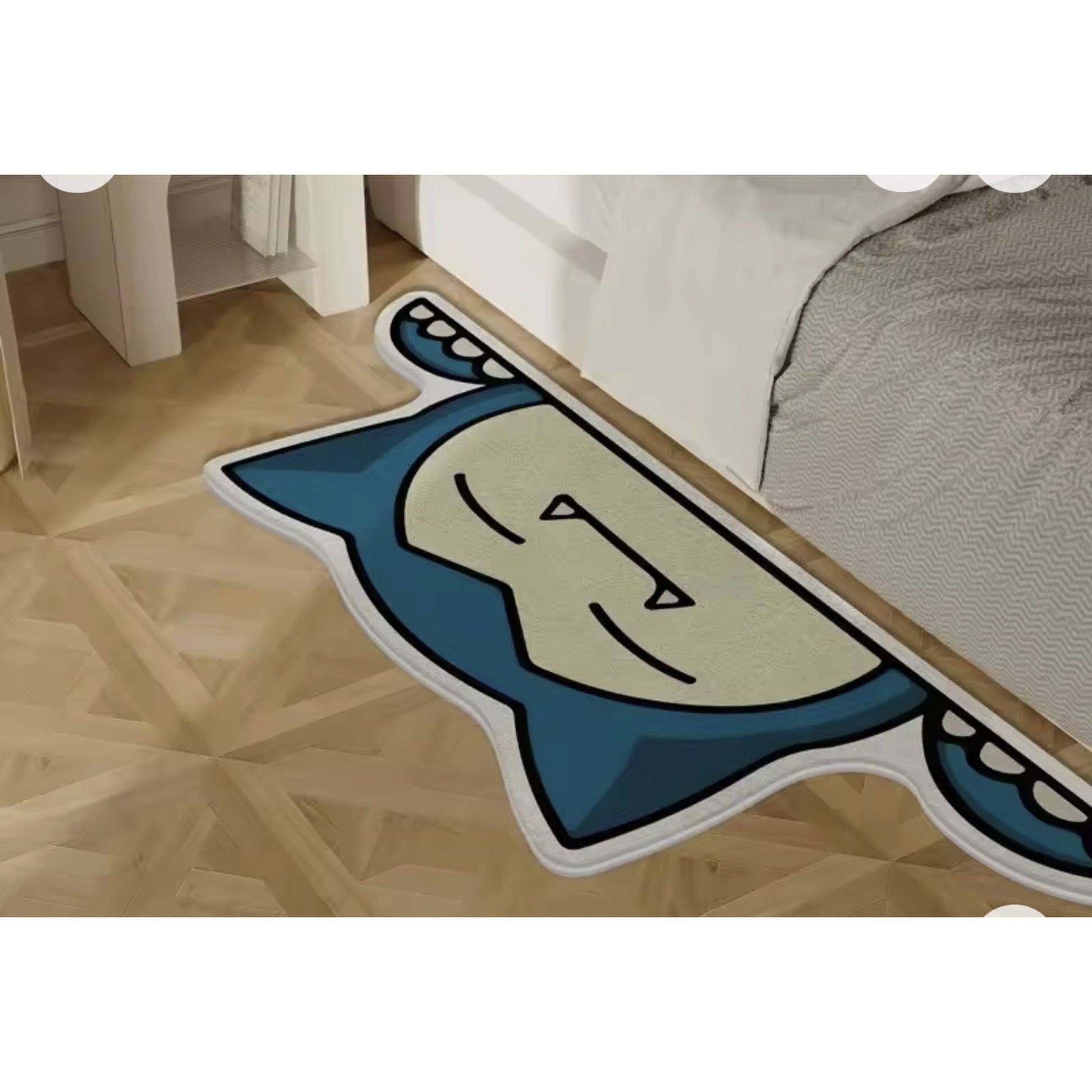 Sleepy anime accent rug on bedroom floor — cartoon collector room decor