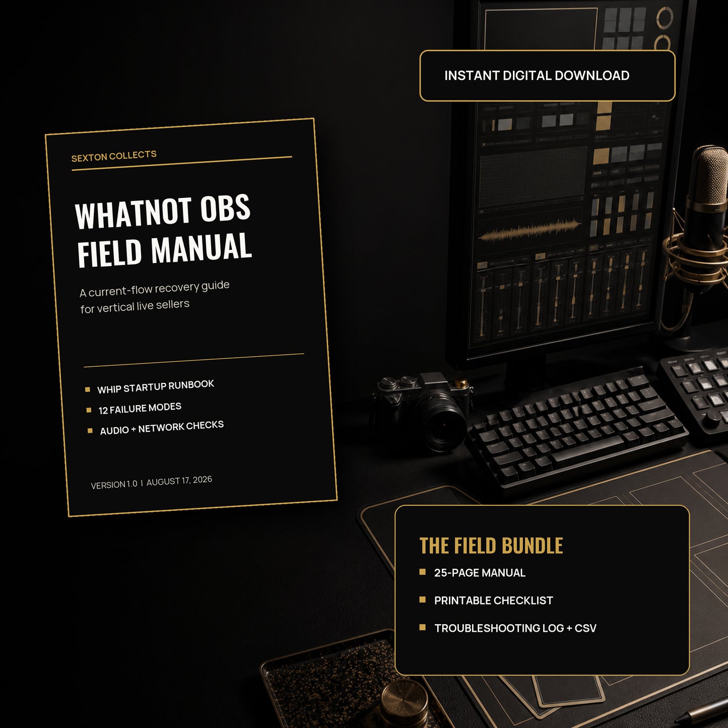 Whatnot OBS Field Manual digital download beside a vertical streaming workstation