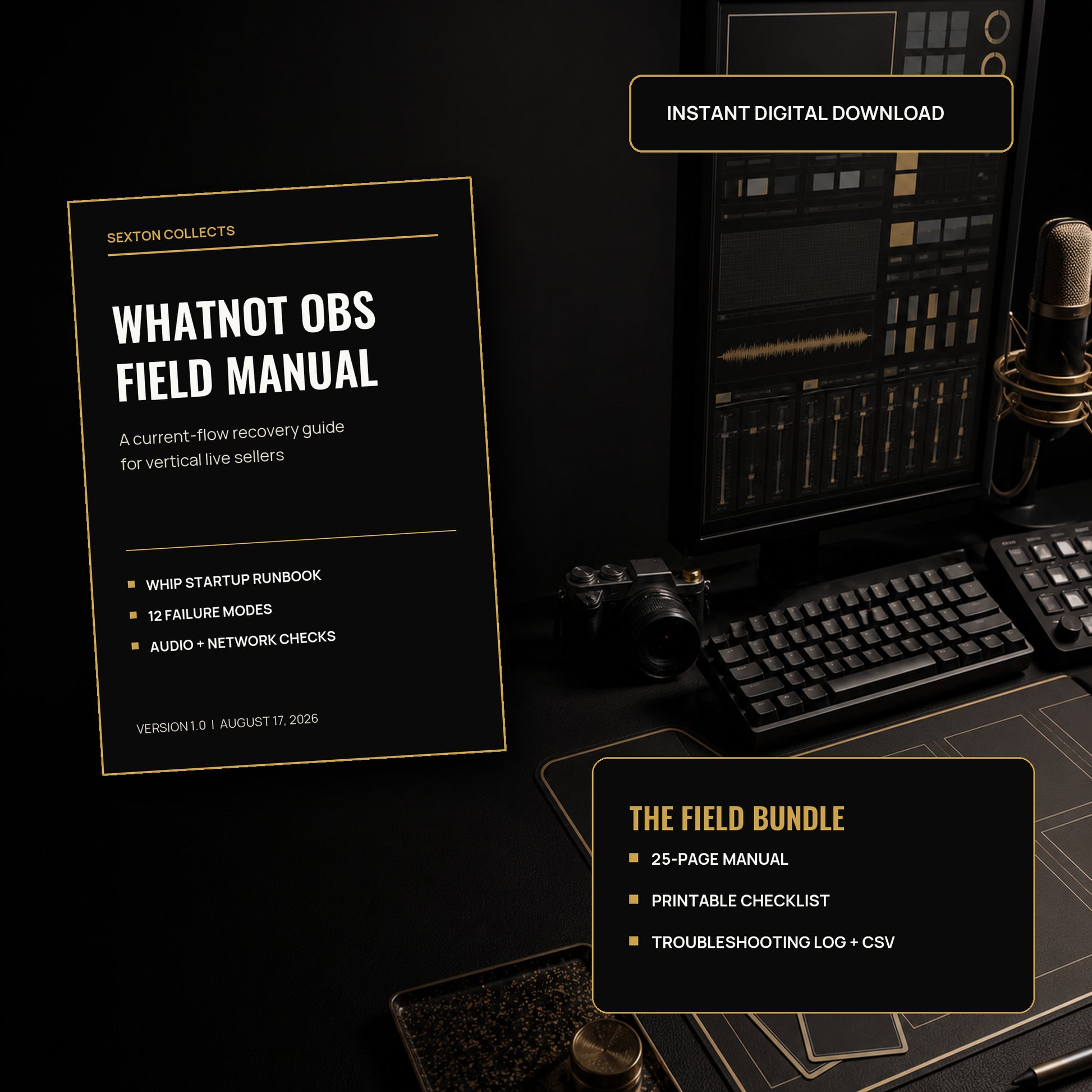 Whatnot OBS Field Manual digital download beside a vertical streaming workstation