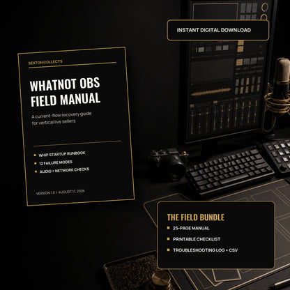 Whatnot OBS Field Manual digital download beside a vertical streaming workstation