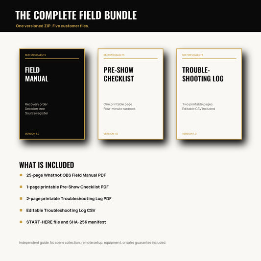 Contents of the Whatnot OBS Field Manual bundle: manual, checklist, troubleshooting log, and CSV